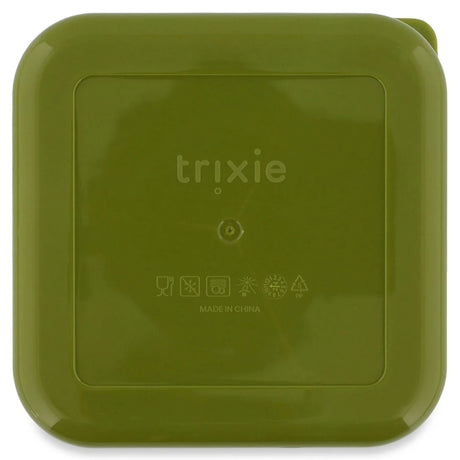 The back of a square, olive green snack box with rounded corners and an embossed Trixie logo.