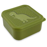 Green square snack box featuring a cute cartoon dinosaur illustration on the lid.