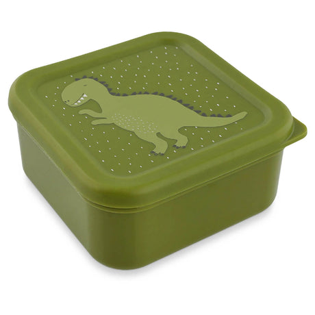 Green square snack box featuring a cute cartoon dinosaur illustration on the lid.