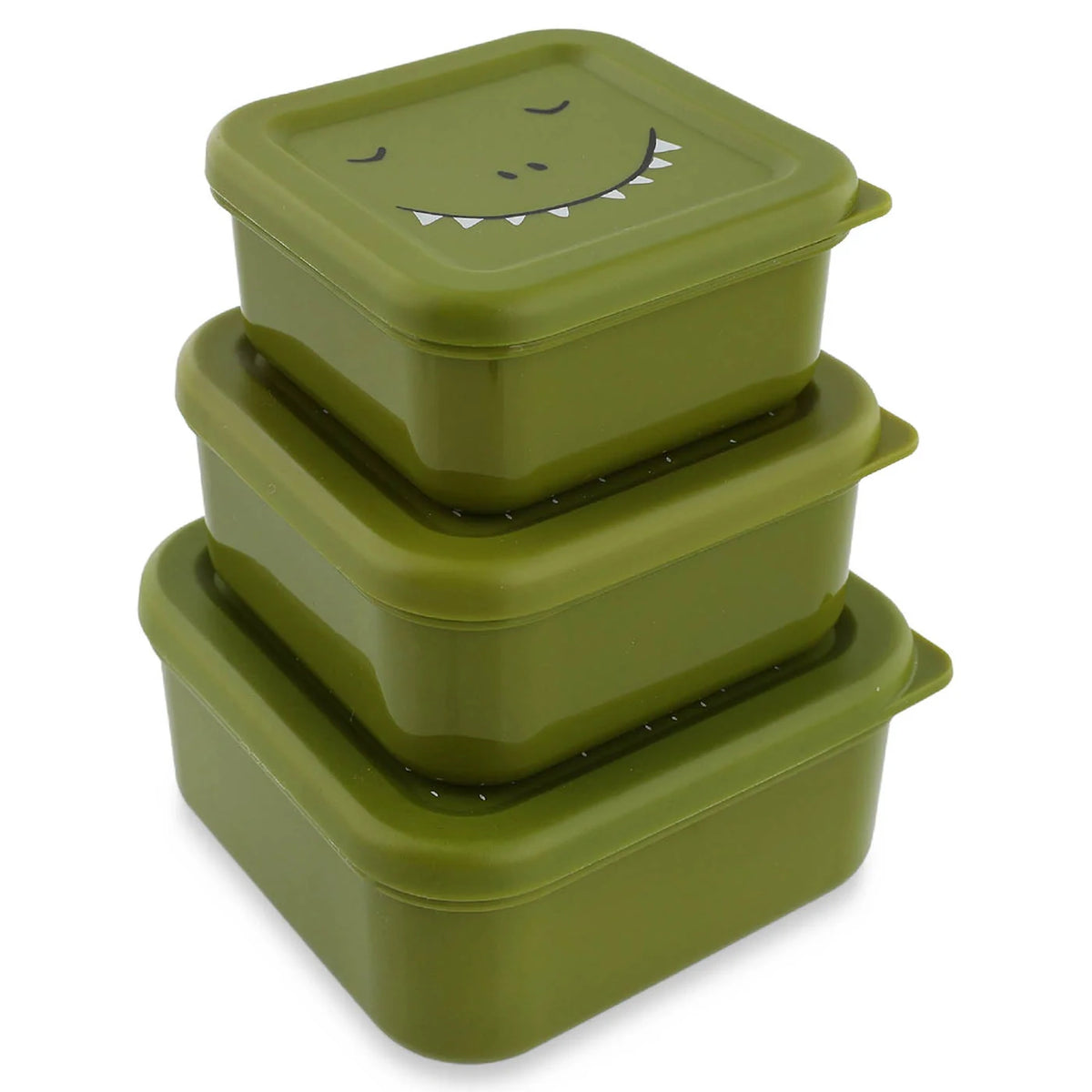 Three green square dinosaur-themed snack boxes stacked on top of each other, on a white background.