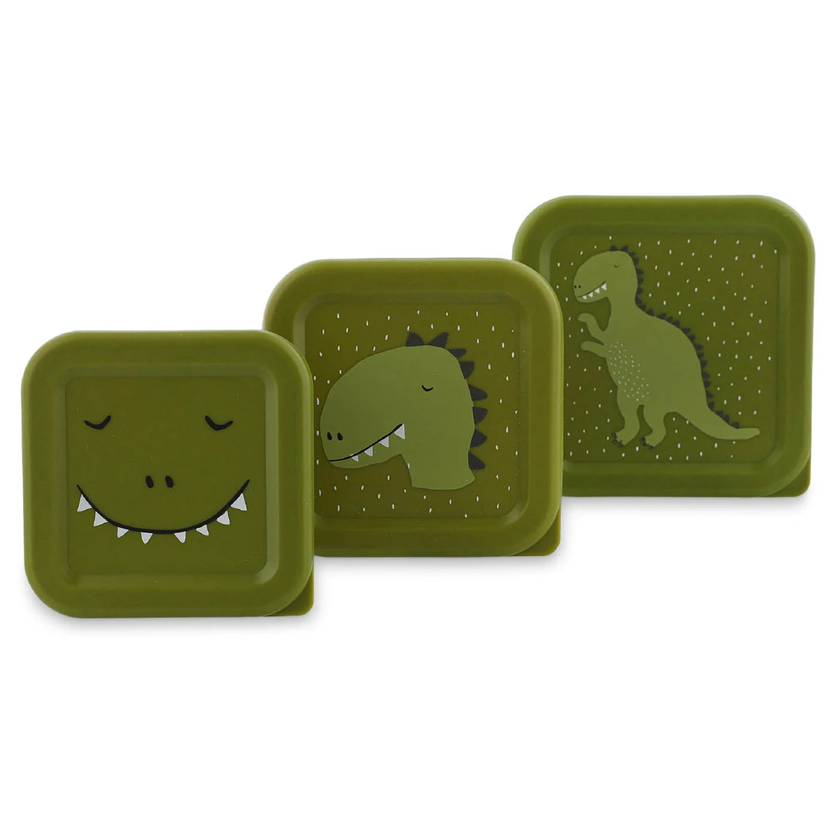 A set of three nesting green snack boxes in graduating sizes, each featuring a different dinosaur design.