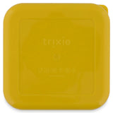 The back of a square, yellow snack box with rounded corners and an embossed Trixie logo.
