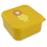 A square yellow snack box with a matching lid featuring a cute lion illustration.