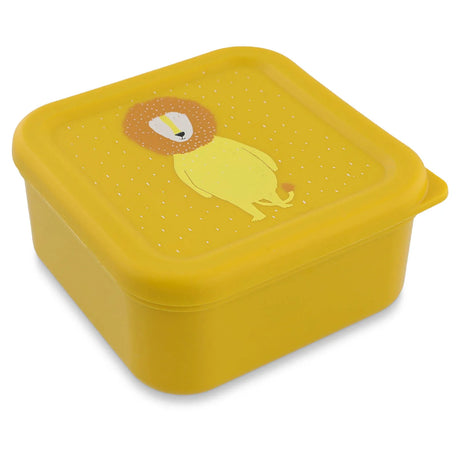 A square yellow snack box with a matching lid featuring a cute lion illustration.