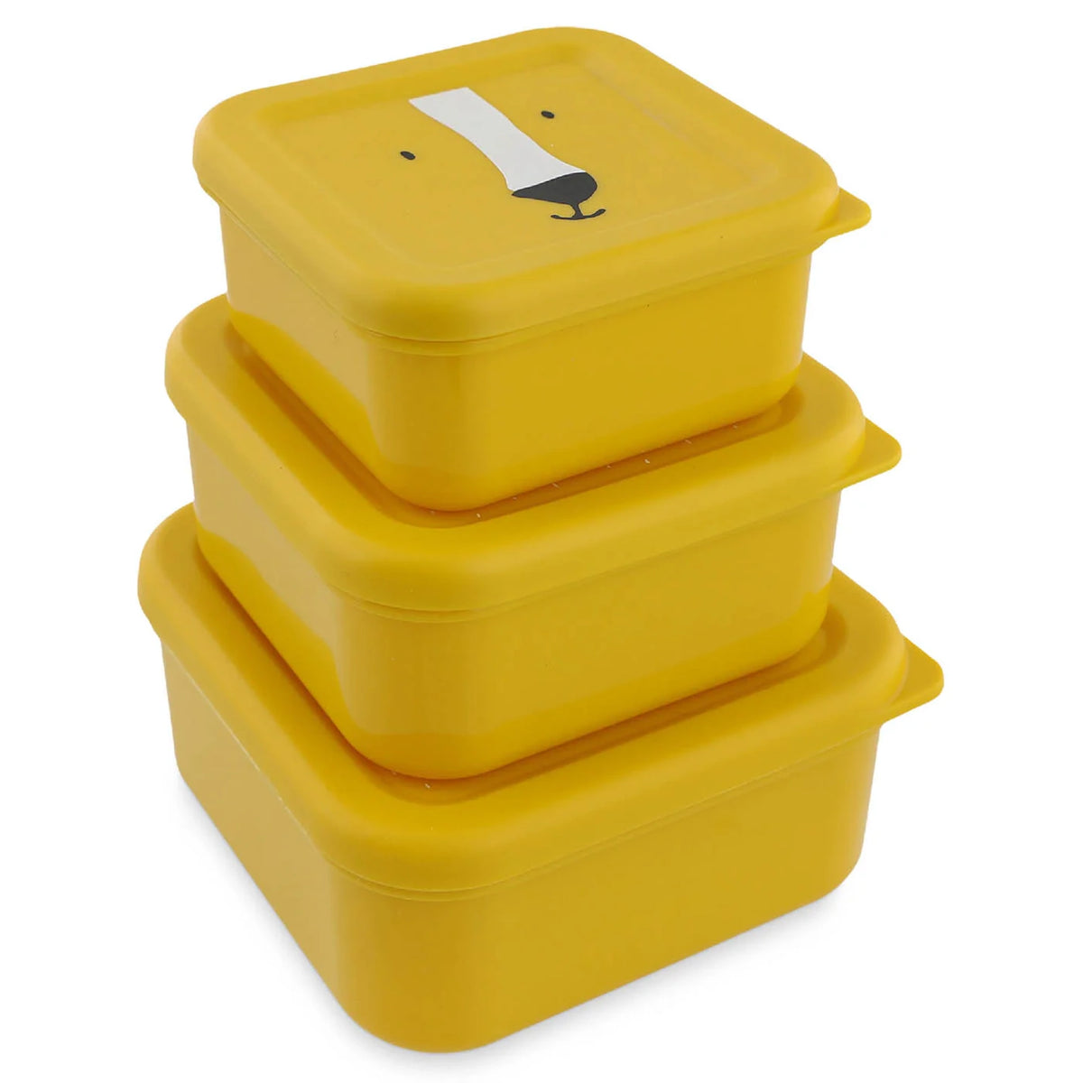 Three stacked yellow nesting snack boxes, with a minimal cartoon lion face illustration on the top lid.
