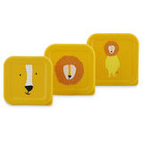 A set of three nesting yellow snack boxes in graduating sizes, each featuring a different lion design.