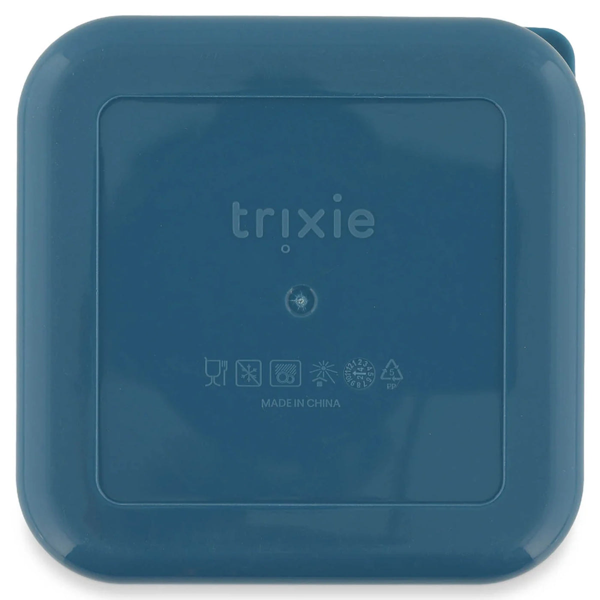 The back of a square, teal snack box with rounded corners and an embossed Trixie logo.