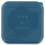 The back of a square, teal snack box with rounded corners and an embossed Trixie logo.