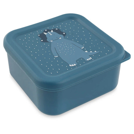 Blue square snack box featuring a cute cartoon triceratops dinosaur illustration on the lid.