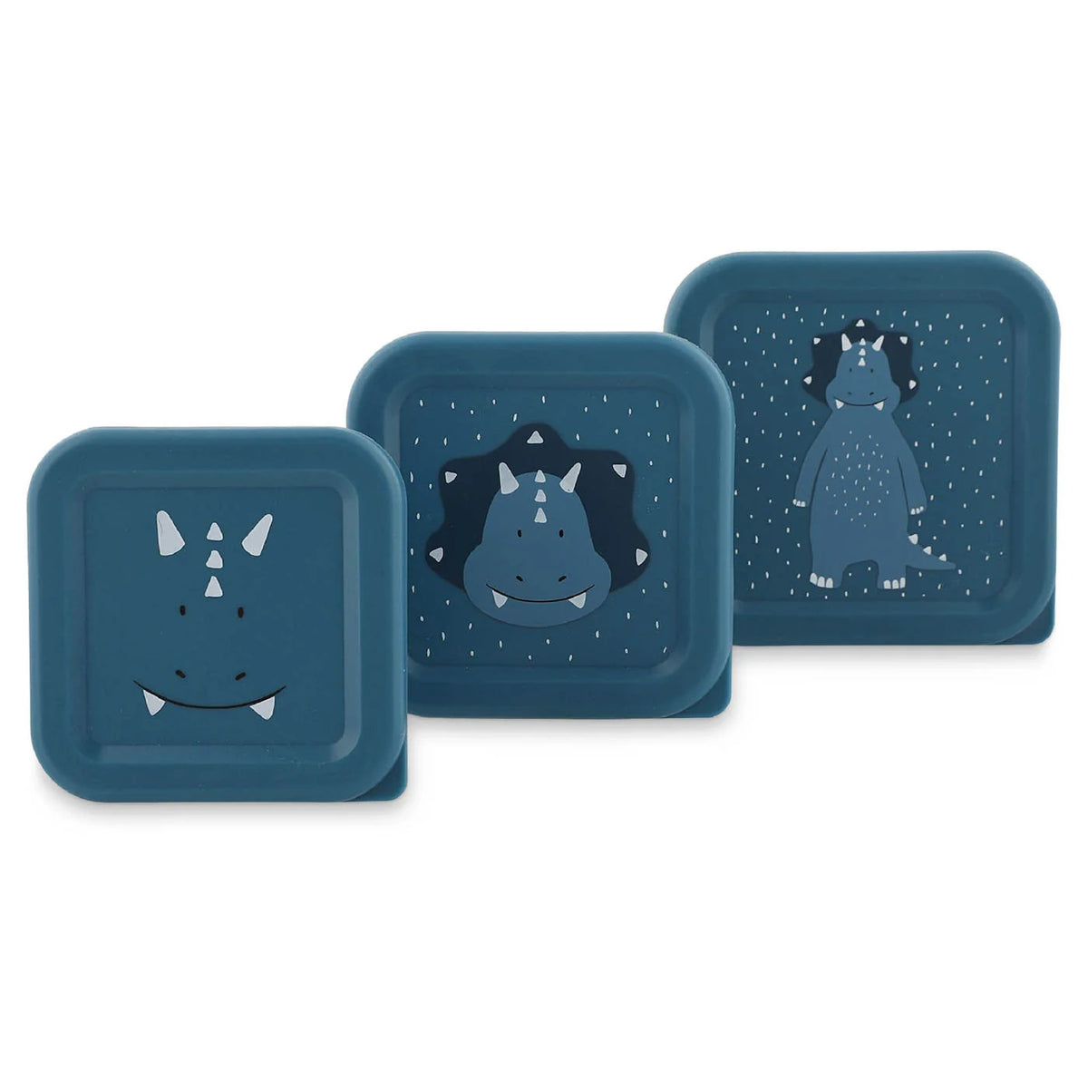 A set of three nesting teal snack boxes in graduating sizes, each featuring a different triceratops design.