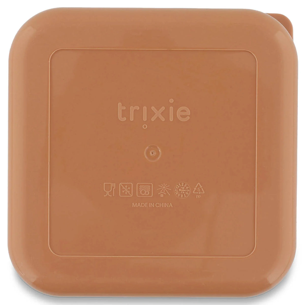 The back of a square, peach snack box with rounded corners and an embossed Trixie logo.