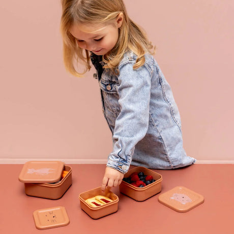 Young girl with pink cat-themed nesting snack boxes filled with berries and treats, on a pink background.