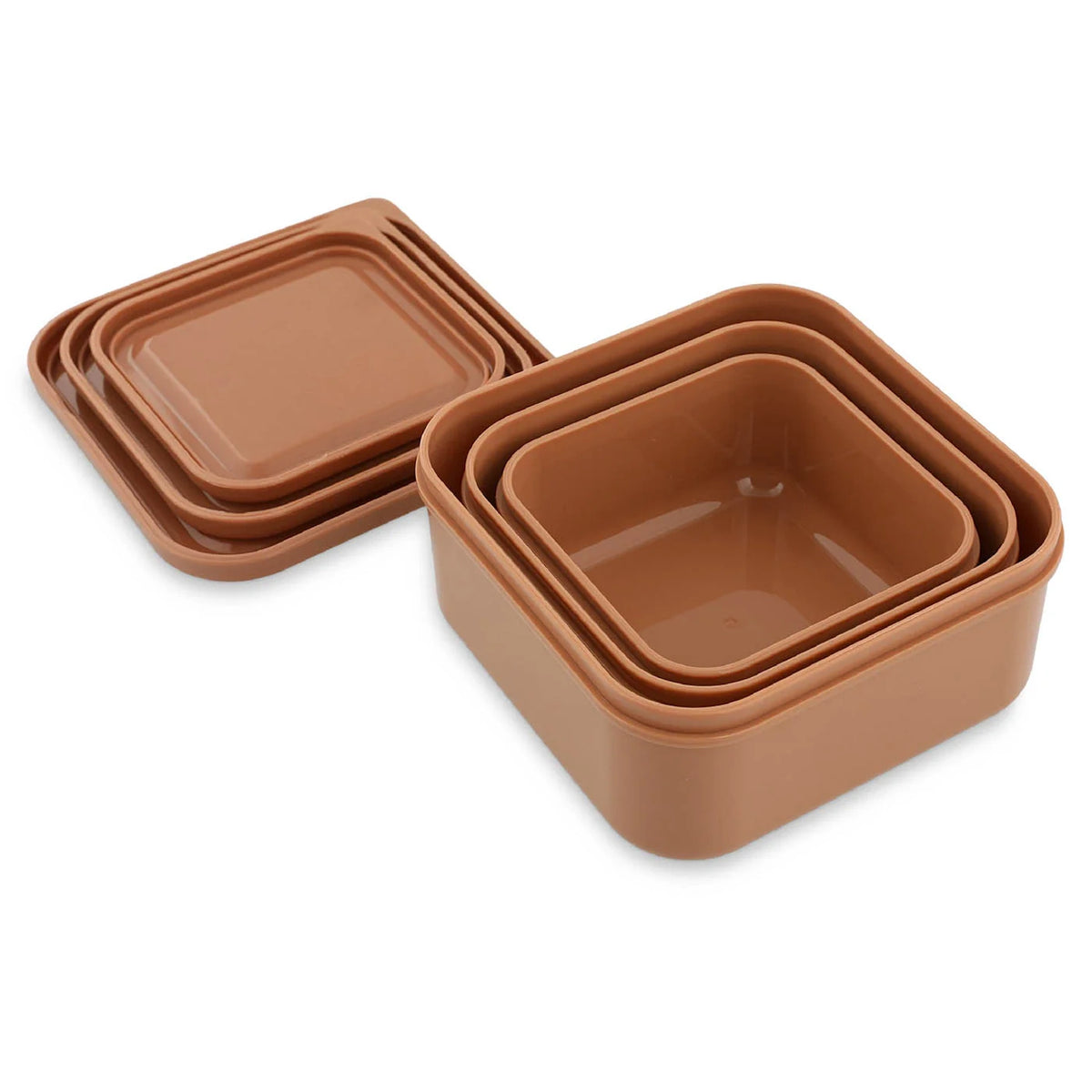 A set of three pinkish-brown kids snack boxes nested inside each other with their matching lids stacked nearby.
