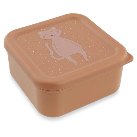 A square peach snack box with a matching lid featuring a cute cat illustration.