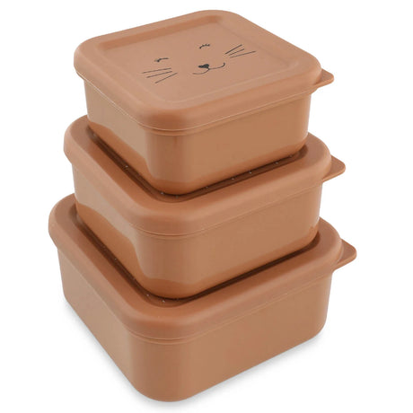 Three pink, square cat-themed snack boxes stacked by size on a white background.