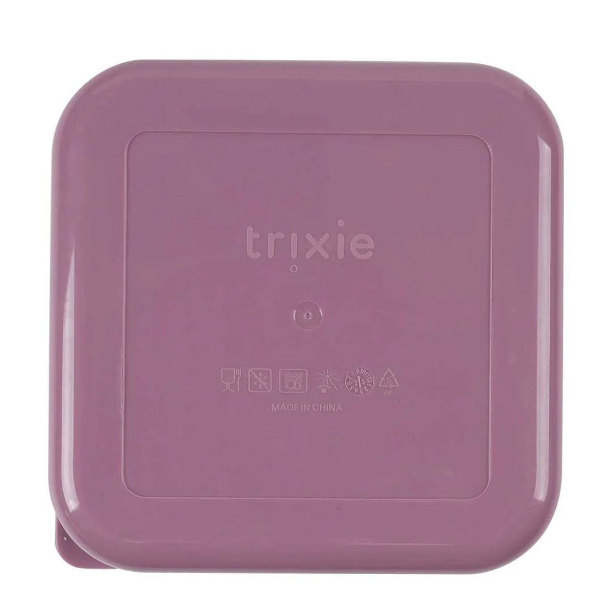 The bottom of a square, dusty pink Trixie plastic container with embossed product care icons.