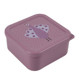 Square, mauve plastic snack box featuring a cute cartoon peacock illustration on the lid with tiny white dots.