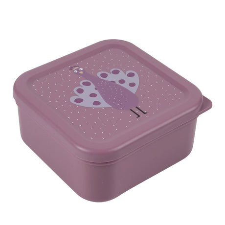 Square, mauve plastic snack box featuring a cute cartoon peacock illustration on the lid with tiny white dots.