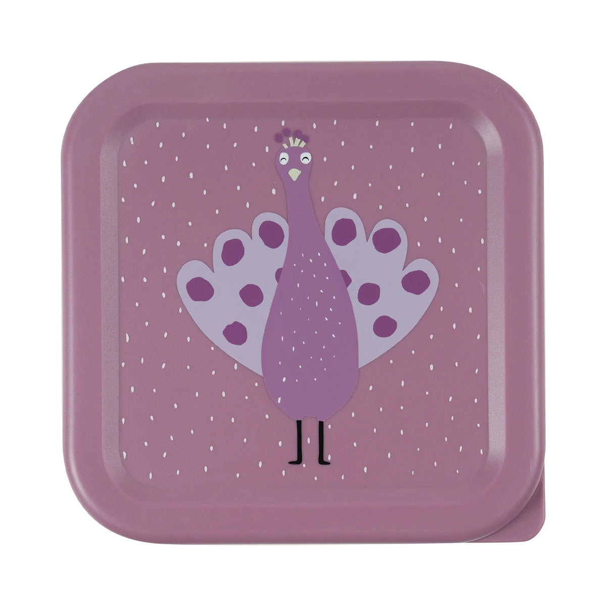 Top view of a square purple snack box lid featuring a cartoon peacock illustration against a dotted background.