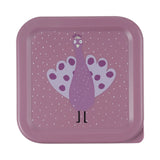 Top view of a square purple snack box lid featuring a cartoon peacock illustration against a dotted background.