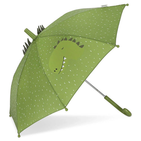 A green kids' umbrella with white spots, a cartoon dinosaur print, and fabric spikes along the top.