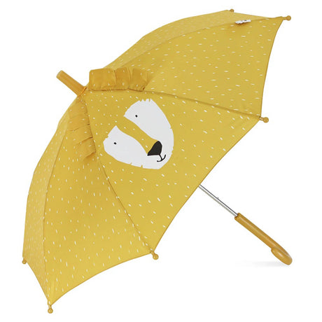 Yellow kids' umbrella with a white speckled pattern, a cute cartoon lion face, and fabric mane details.