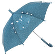 Blue kids' umbrella with white dashes and a cute triceratops face with 3D fabric details.