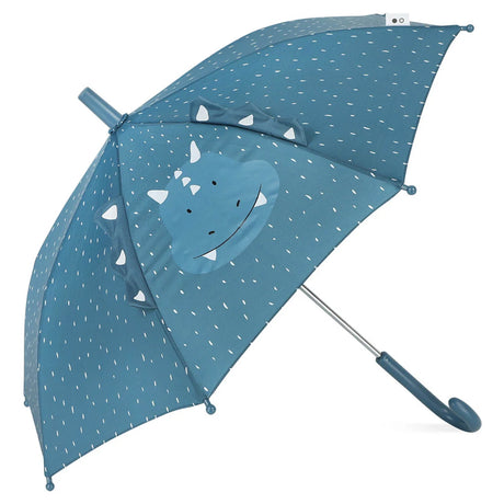 Blue kids' umbrella with white dashes and a cute triceratops face with 3D fabric details.