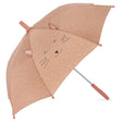 A pinkish-brown children's umbrella featuring a cat face print, pop-out ears, and white specks.