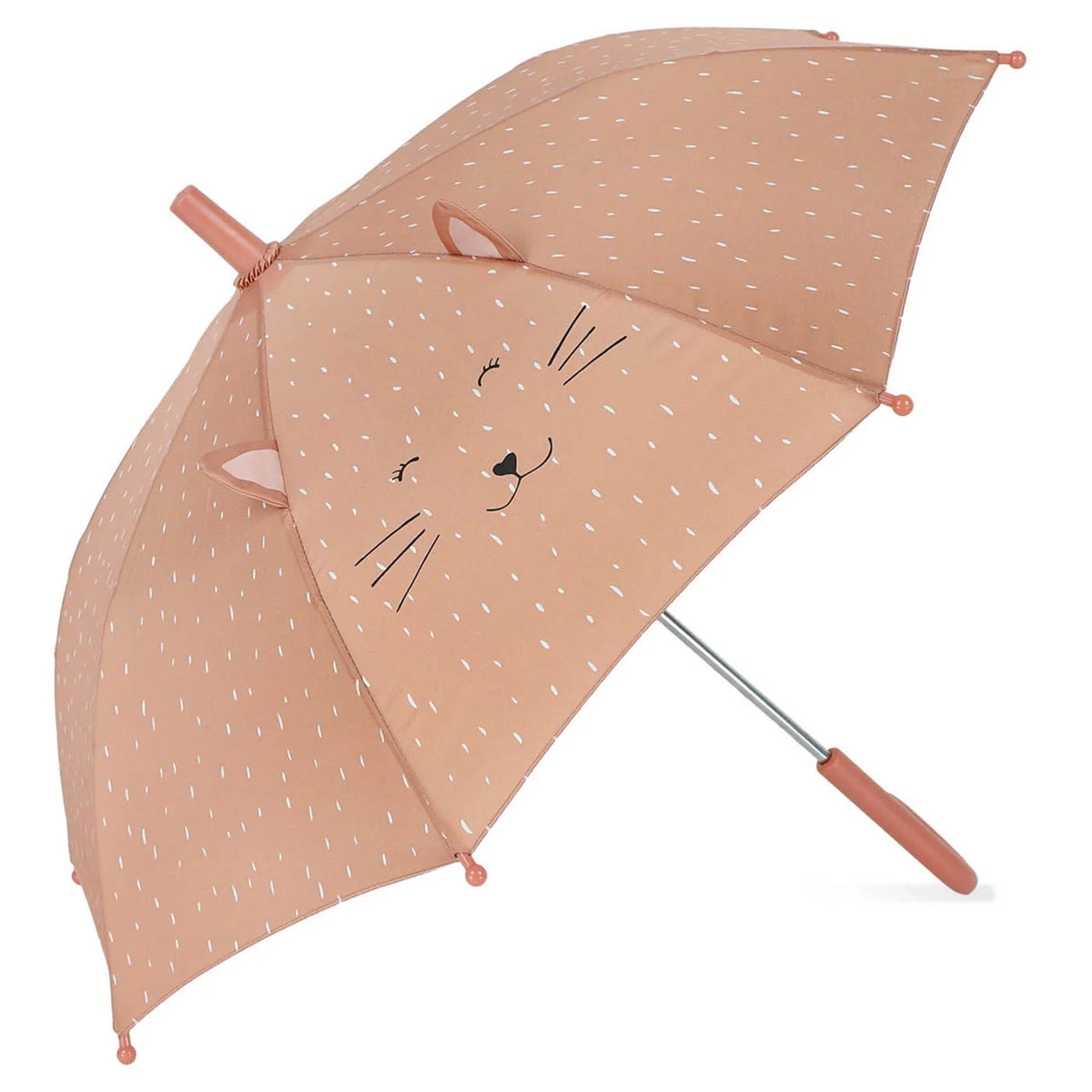 A pinkish-brown children's umbrella featuring a cat face print, pop-out ears, and white specks.