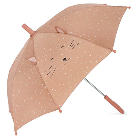 A pinkish-brown children's umbrella featuring a cat face print, pop-out ears, and white specks.