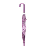 A folded purple umbrella with white speckles, a J-shaped handle, and fabric peacock details on the side.