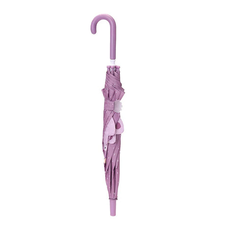 A folded purple umbrella with white speckles, a J-shaped handle, and fabric peacock details on the side.