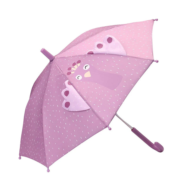 Pink kids' umbrella with white dashes, a cute cartoon peacock face, and pop-out 3D fabric wings.