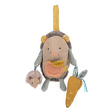 Plush hedgehog baby toy with a yellow hanging strap, holding a small baby hedgehog and a fabric carrot.