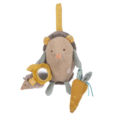 Plush hedgehog activity toy featuring a small mouse with a mirror and a fabric carrot hanging from its arms.