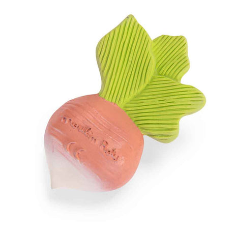 The back of a radish-shaped teether showing the brand name Moulin Roty and a CE safety mark on a white background.