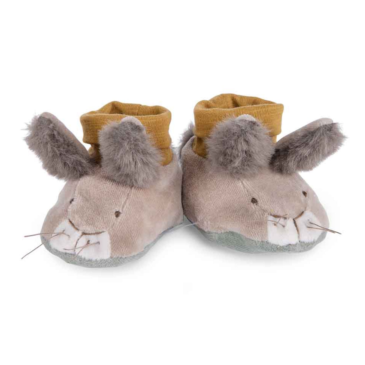 A pair of soft, grey plush baby slippers designed to look like rabbits with long ears and mustard yellow cuffs.