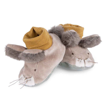 Soft, plush baby slippers shaped like tan rabbits with fuzzy grey ears, white muzzles, and yellow knit ankle cuffs.
