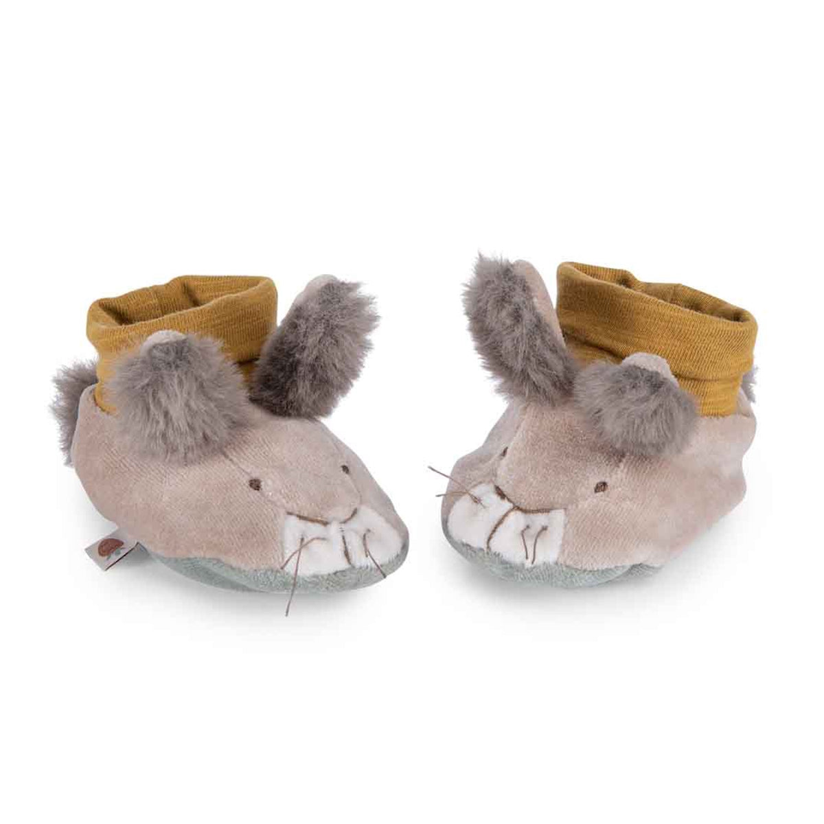 A pair of plush baby slippers shaped like rabbits with grey ears, white muzzles, and yellow knit ankle cuffs.