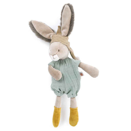 Plush rabbit toy wearing a tan hood, sage green romper, and yellow socks, angled to the side on a white background.