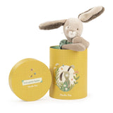 Plush bunny toy popping out of a yellow cylindrical box with French text and garden illustrations.