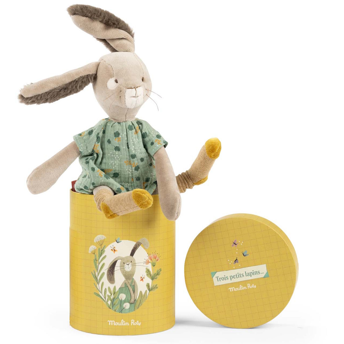 Plush rabbit in a green dress sitting in a yellow cylinder box with the matching lid lying next to it.