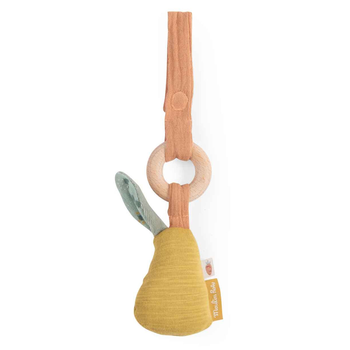 Plush yellow pear baby rattle with a green leaf and a wooden ring attached to a terracotta fabric strap.