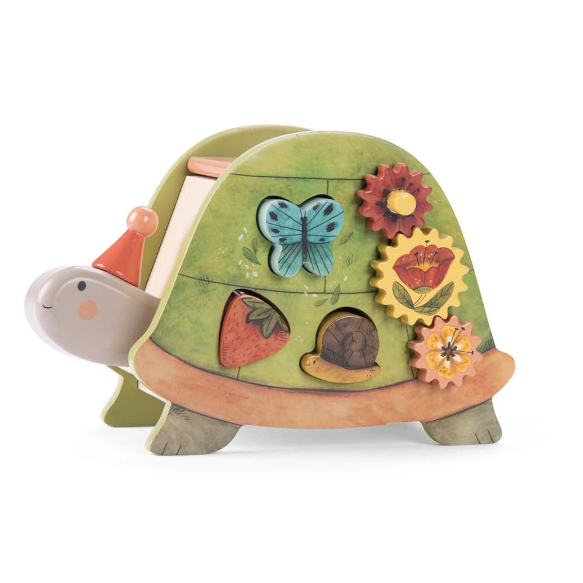 Wooden turtle activity toy with spinning flower gears, butterfly, snail, and strawberry shape sorter.