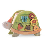 Wooden turtle activity toy with spinning flower gears, butterfly, snail, and strawberry shape sorter.