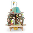 Moulin Roty wooden multi activity garden toy with shape sorter and bead maze for toddlers.