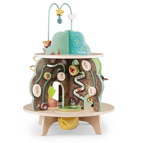 Moulin Roty wooden multi activity garden toy with shape sorter and bead maze for toddlers.