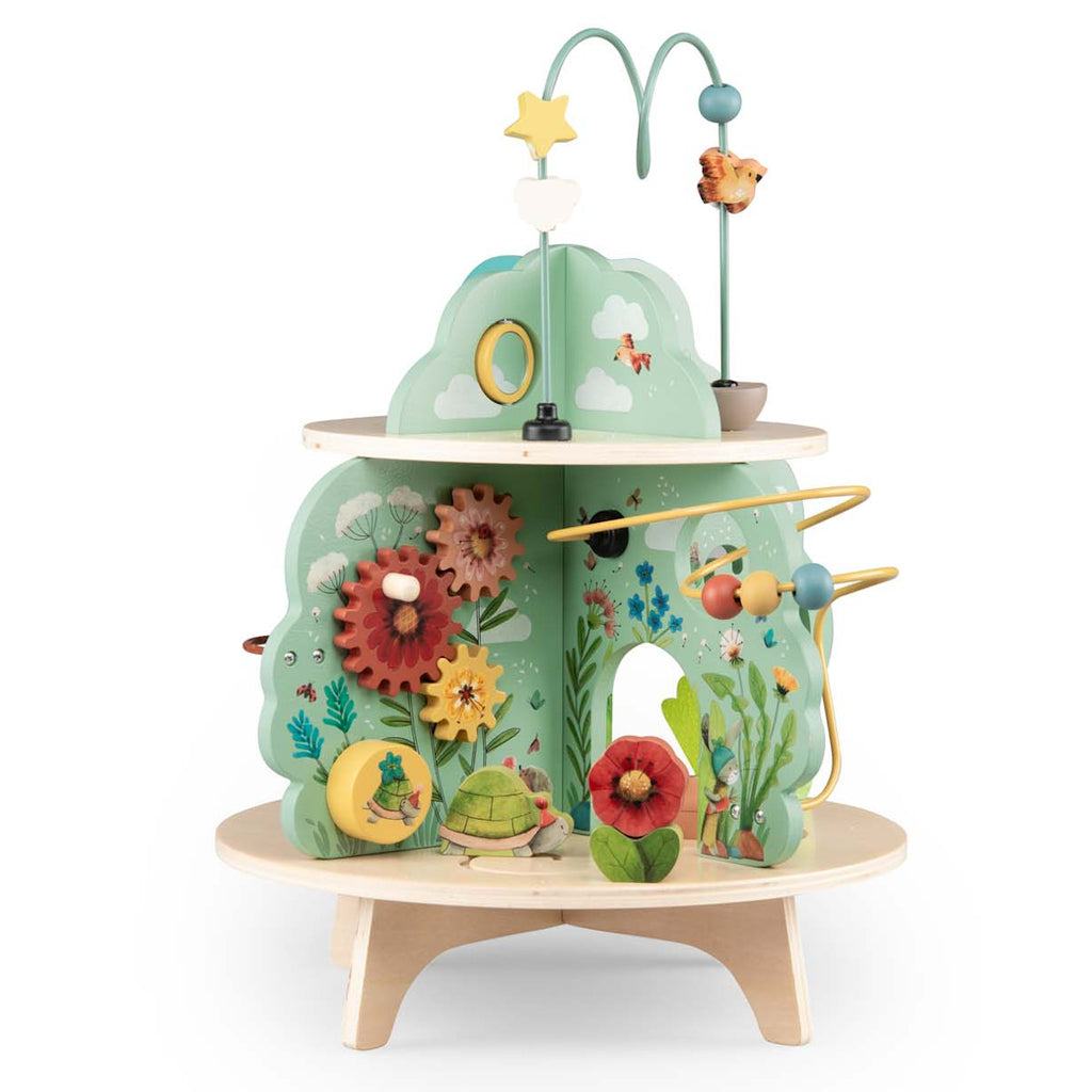 Wooden activity center with multiple levels, featuring zigzag paths, animal engravings, and a star-adorned arch. Bright, playful, and engaging.