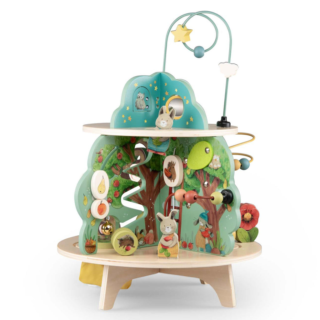 Wooden activity center with multiple levels, featuring zigzag paths, animal engravings, and a star-adorned arch. Bright, playful, and engaging.